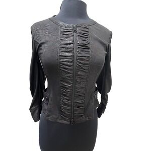 Clara Sunwoo Black Snakeskin Print Ruffle Zip Front Ruched Sleeve Jacket XS